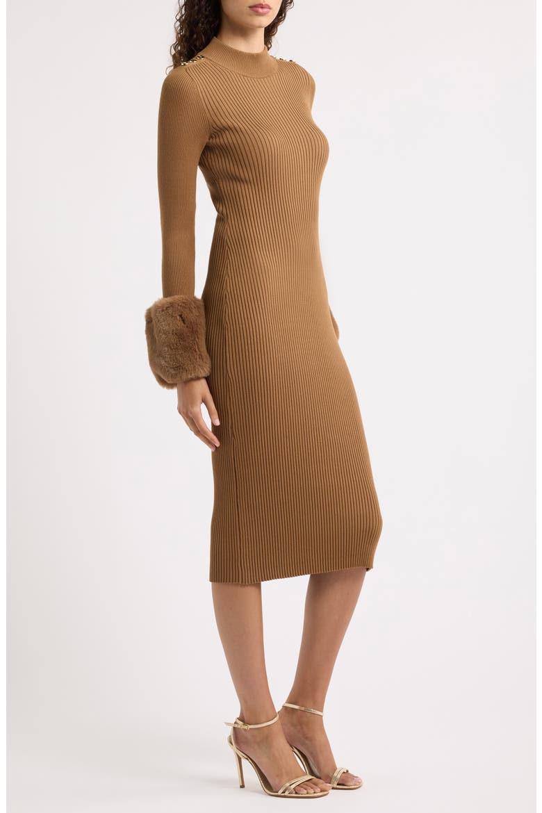 Savannah Faux Fur Cuff Ribbed Sweater Dress, Alternate, color, SABLE