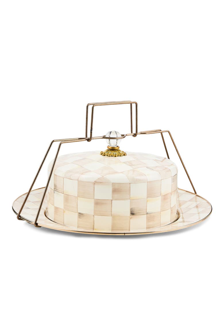 Mocha Check Enameled Steel Cake Carrier, Main, color, MOCHA