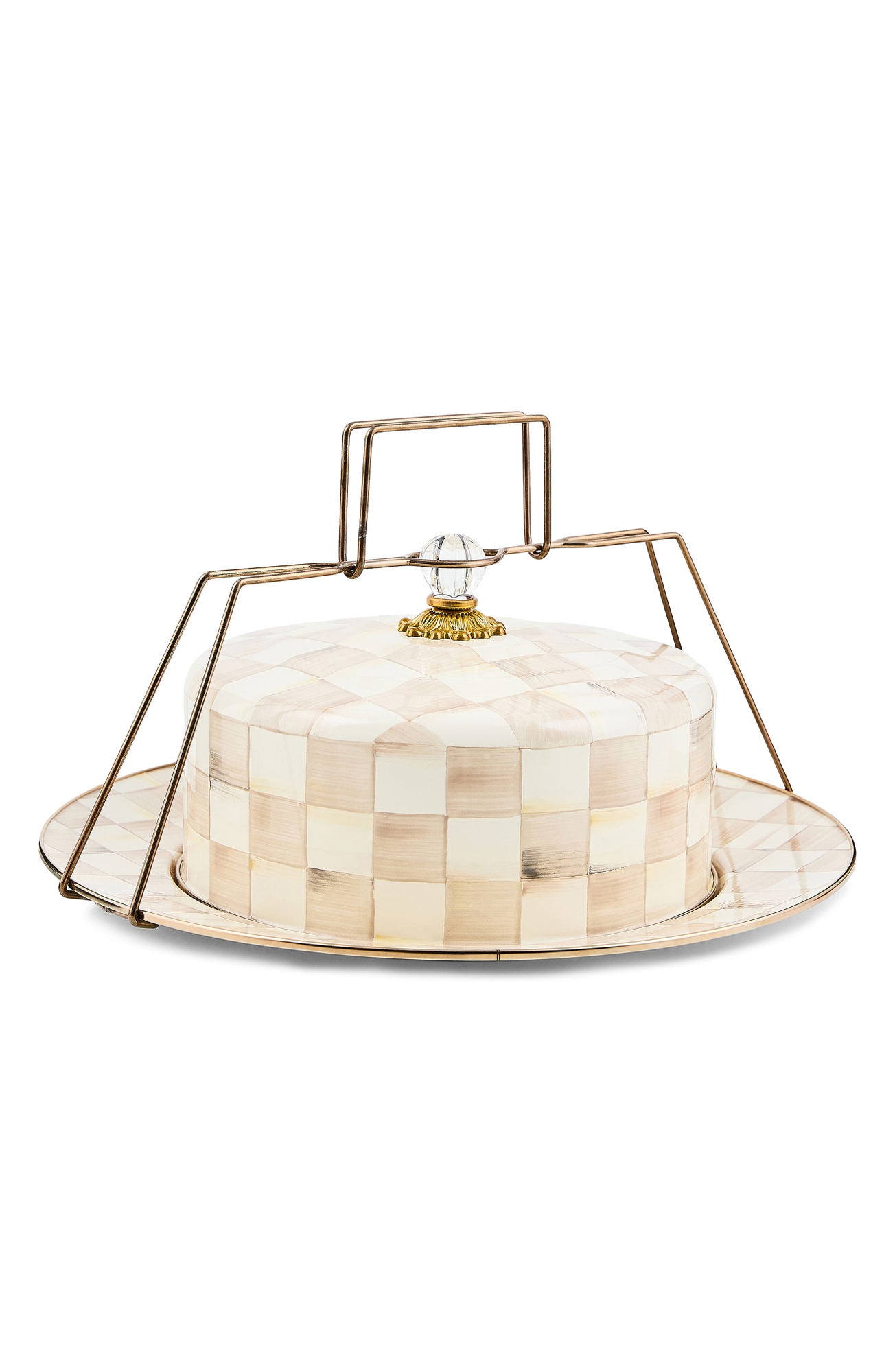 MACKENZIE CHILDS Mocha Check Enameled Steel Cake Carrier - Mocha