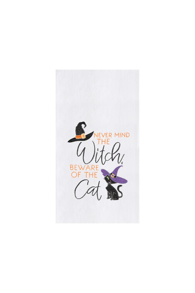 Beware of The Cat Halloween Cotton Embroidered Flour Sack Kitchen Towel, Main, color, White