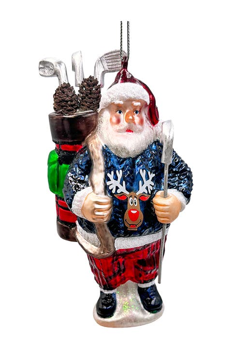 Golfing Santa Reindeer Sweater Glass Ornament