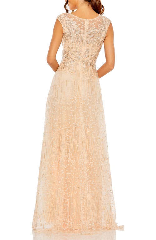 Mac Duggal High Neck Lace Embroidered Cap Sleeve Gown In Peach