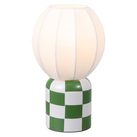 Valarie Contemporary Modern Checkerboard Ceramic with Ribbed Cocoon Globe Shade LED Mini Table Lamp