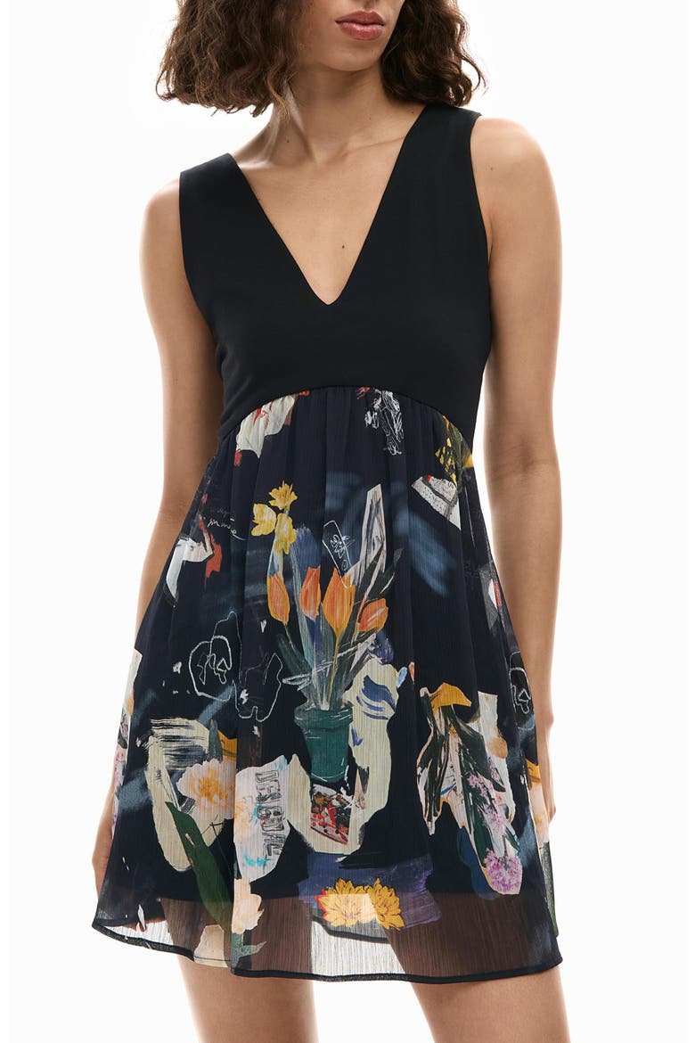 Floral Print Minidress, Alternate, color, BLACK
