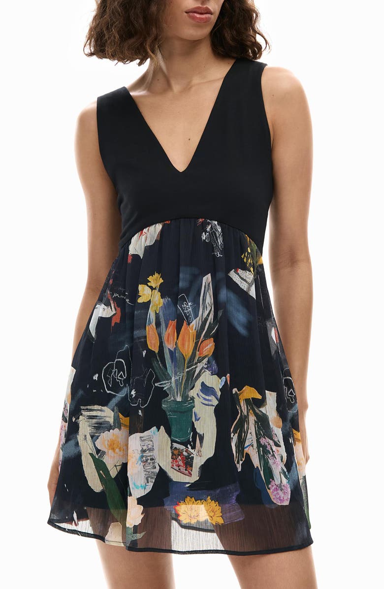 Desigual Floral Print Minidress, Alternate, color, Black