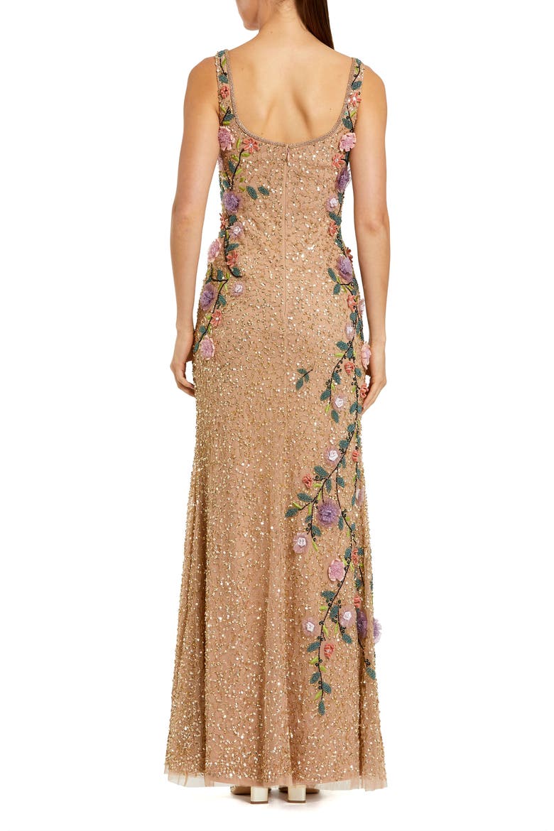 Embellished Mesh Gown with Scoop Neck and Floral Beading, Alternate, color, Gold Multi