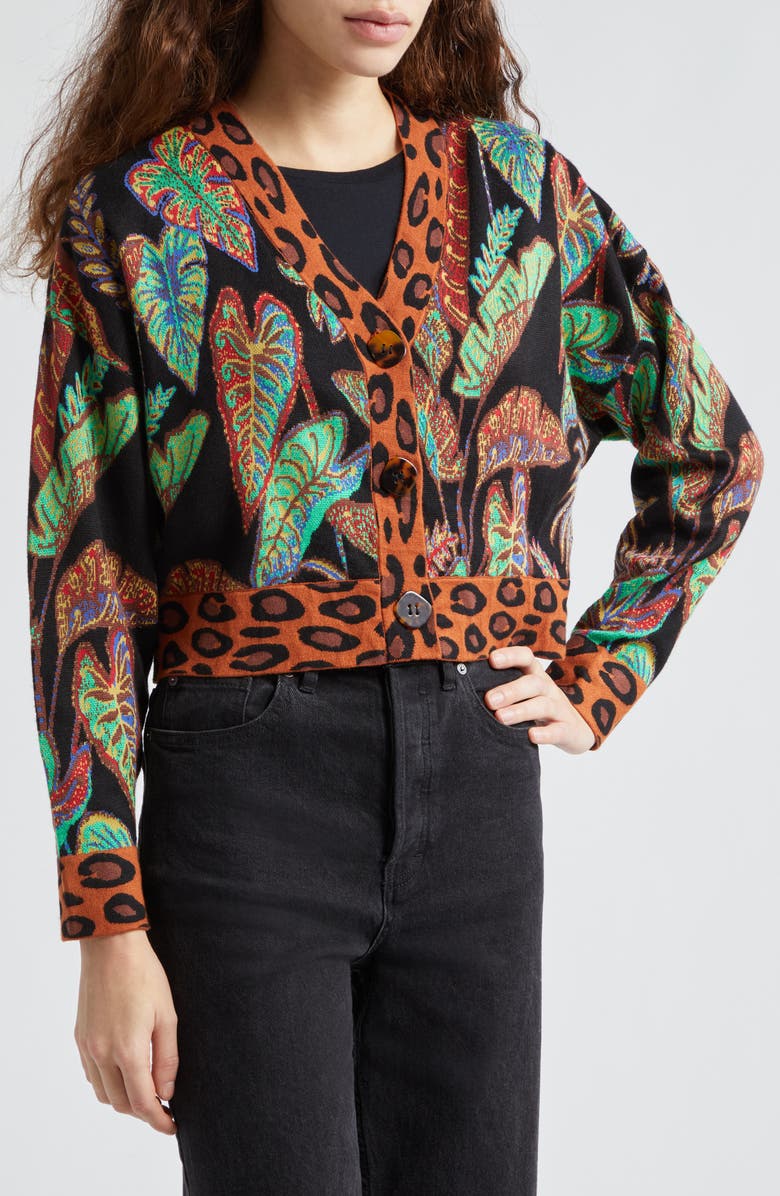 FARM Rio Cool Foliage Jacquard Crop Cardigan, Alternate, color, 