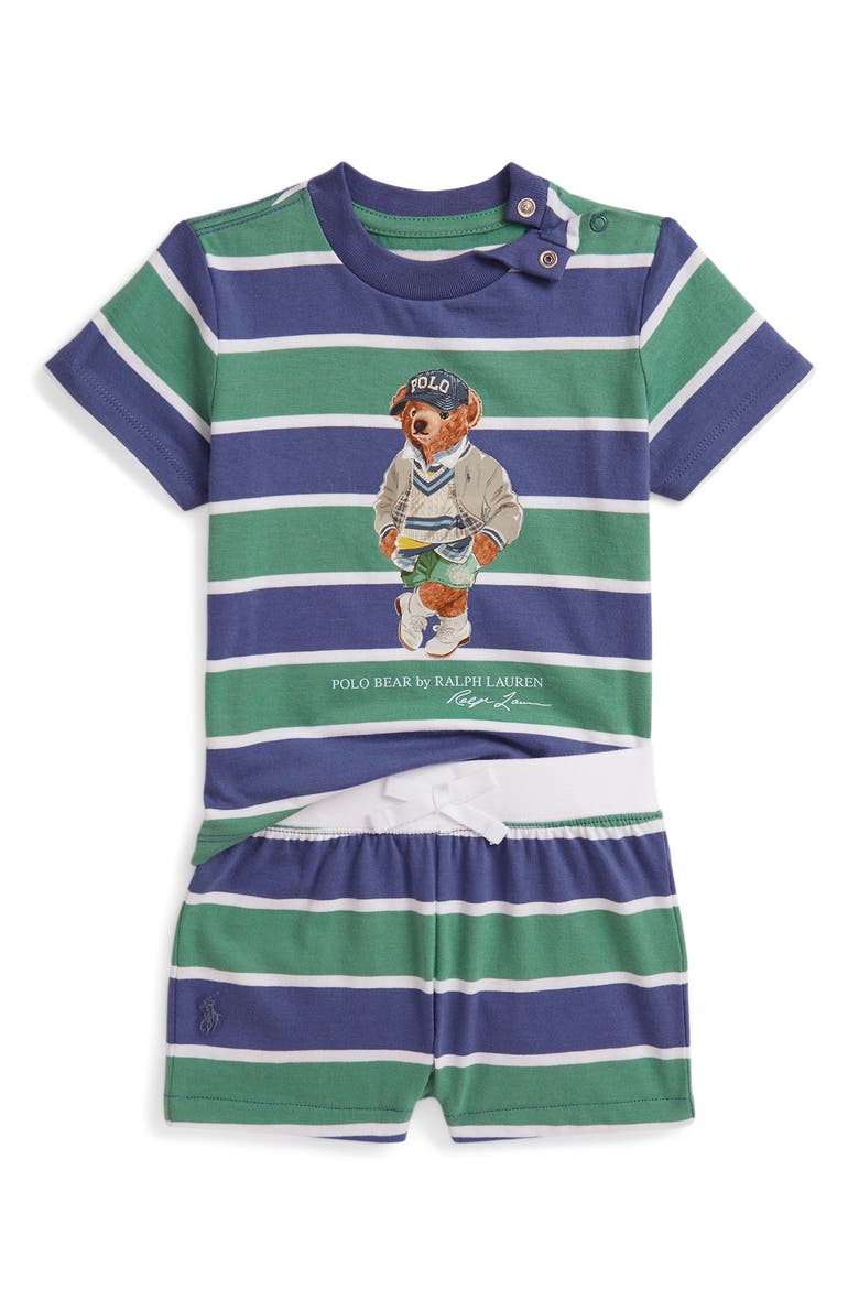 Stripe Polo Bear Cotton Graphic T-Shirt & Shorts Set, Main, color, CLASSIC BLUE/ GREEN / BEAR