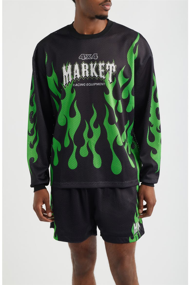 Toxic Flames Long Sleeve Mesh T-Shirt, Main, color, BLACK/ GREEN