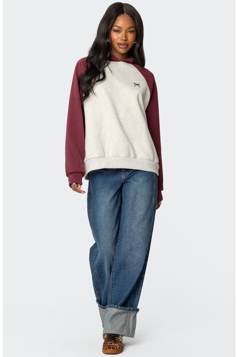 Bow Embroidery Oversize Colorblock Hoodie, Alternate, color, BURGUNDY-AND-GRAY-ME