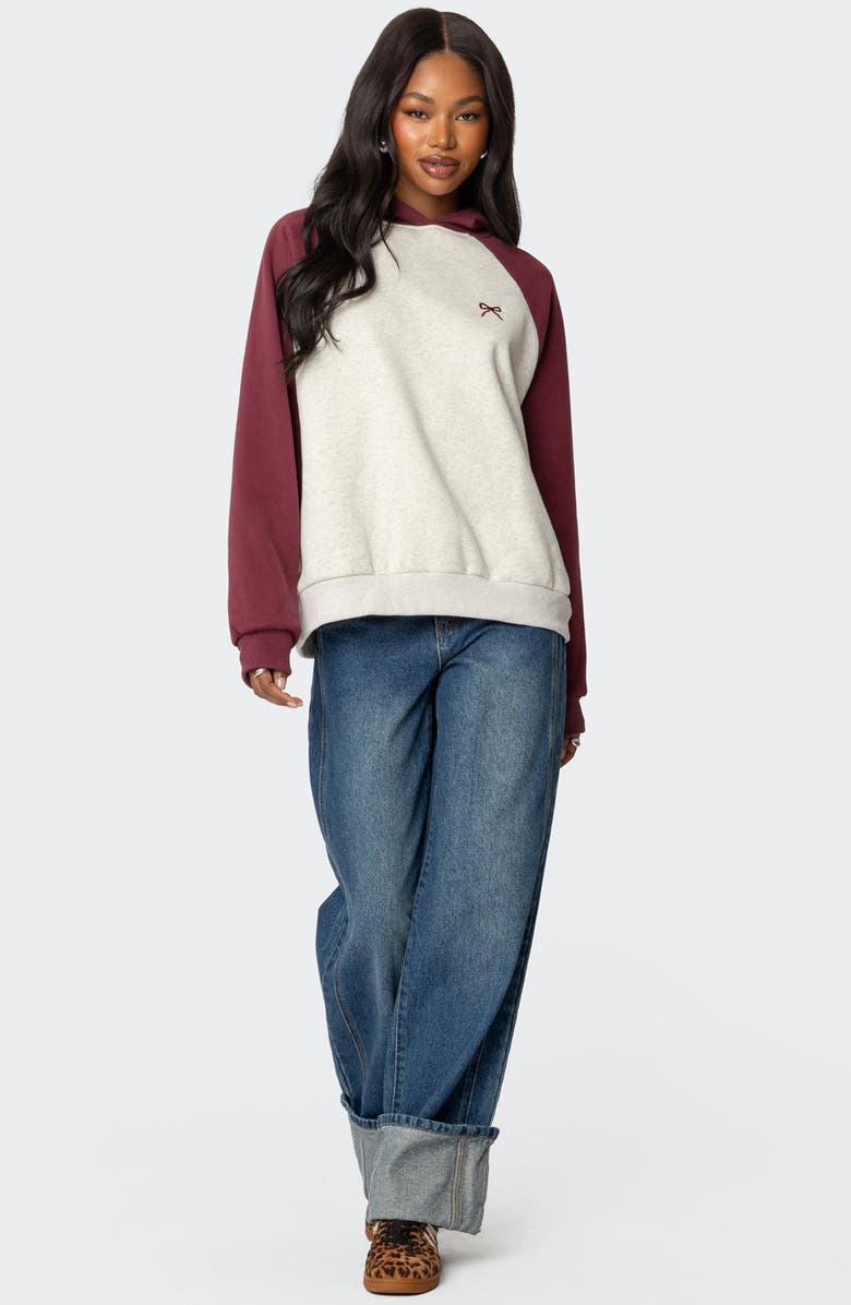 EDIKTED Bow Embroidery Oversize Colorblock Hoodie, Alternate, color, Burgundy-And-Gray-Me