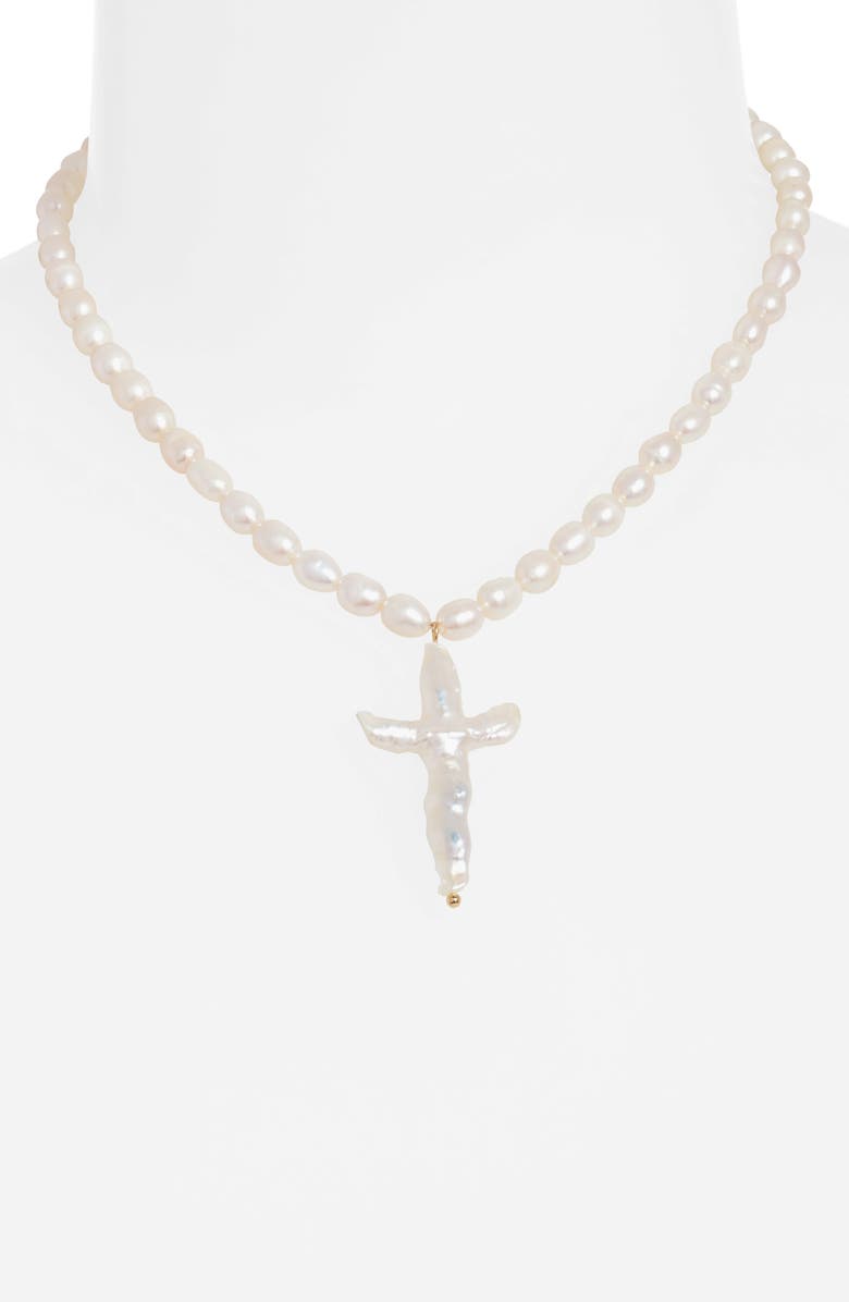 FRASIER STERLING Florenzia Freshwater Pearl Cross Pendant Necklace, Alternate, color, Pearl