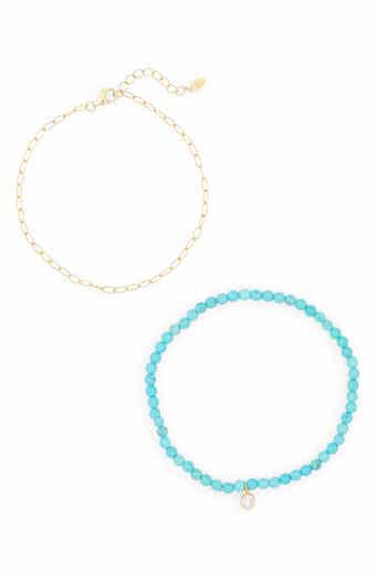 Set of 2 Chain & Turquoise Beaded Stretch Bracelets