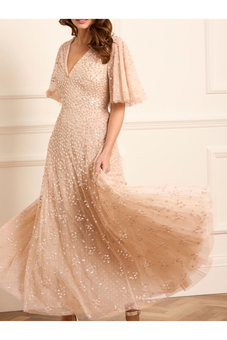 Leila Dot V-neck Cape Ankle Gown, Alternate, color, Parchment