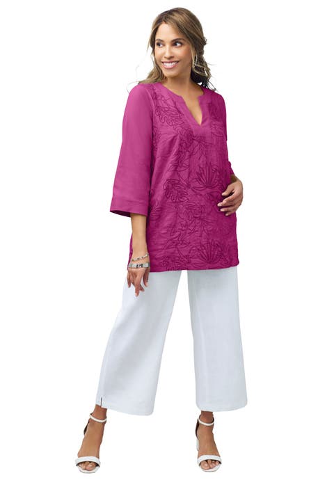 Linen V-Neck Embroidered Tunic (Plus)