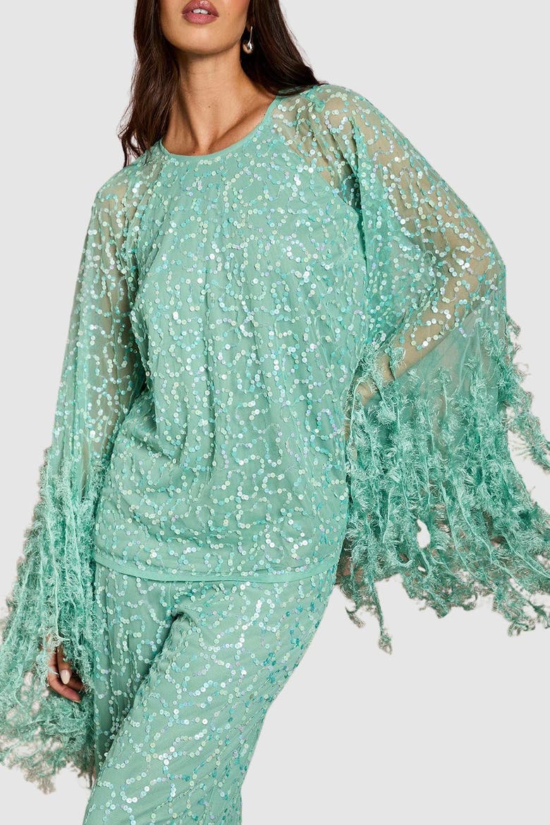 Sequin Cape Blouse, Alternate, color, Sage