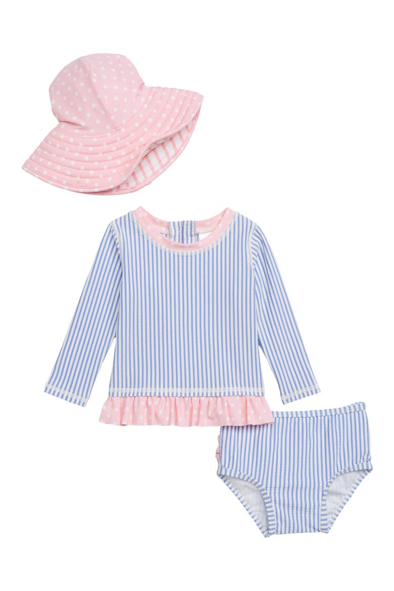 Seersucker Three-Piece Rashguard Swimsuit with Hat, Main, color, BLUE