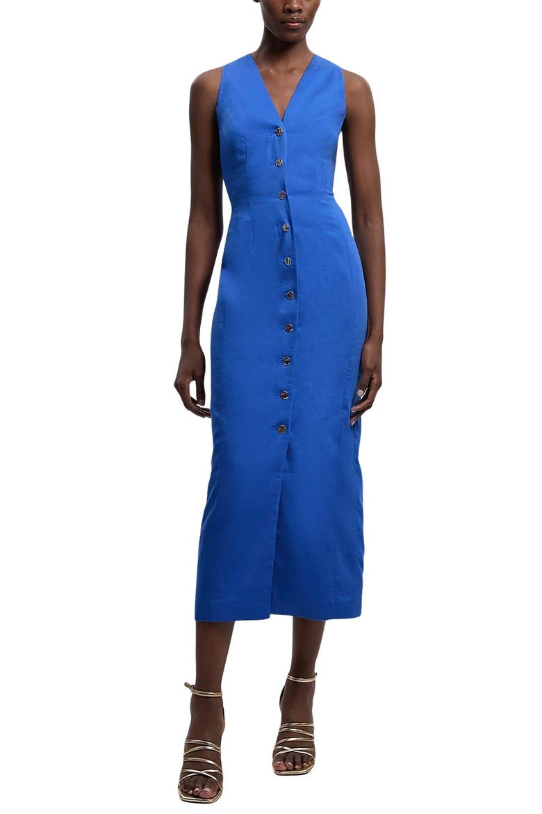 Tailored Linen Corset Back Midi Dress, Alternate, color, Cobalt