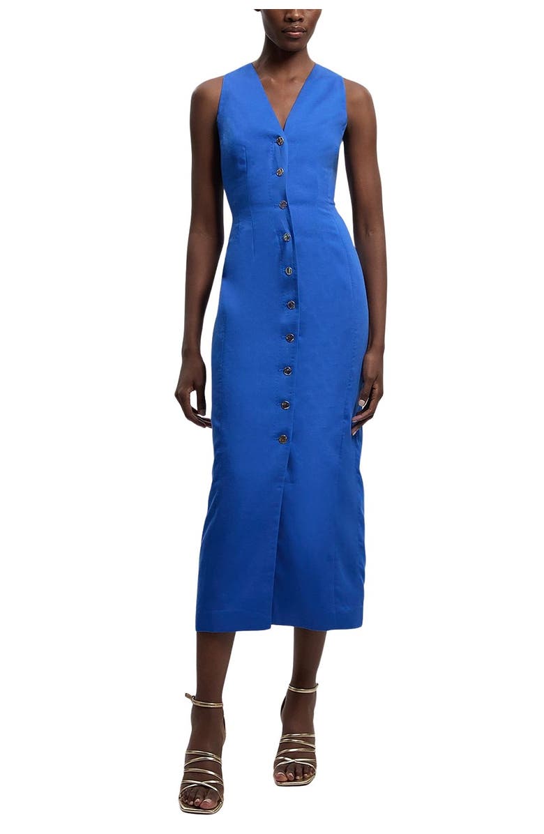 Karen Millen Tailored Linen Corset Back Midi Dress, Alternate, color, Cobalt
