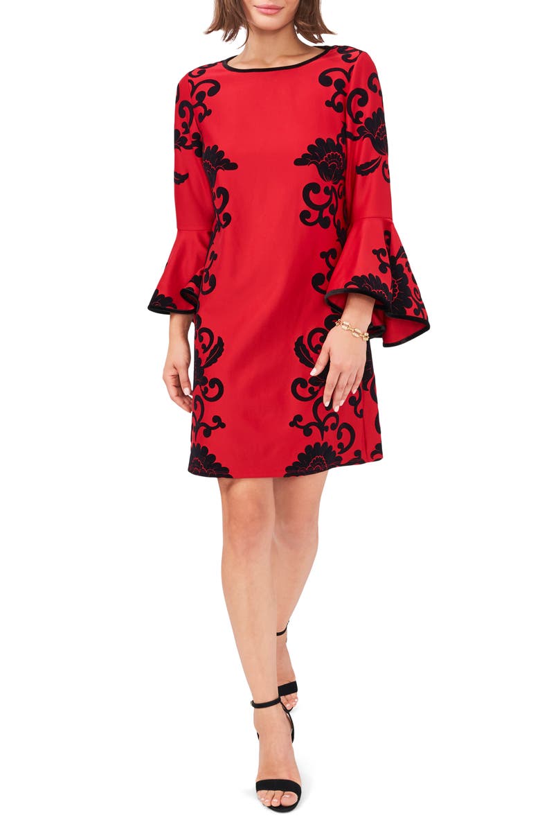 Chaus Floral Flocked Velvet Bell Sleeve Shift Dress, Main, color, 
