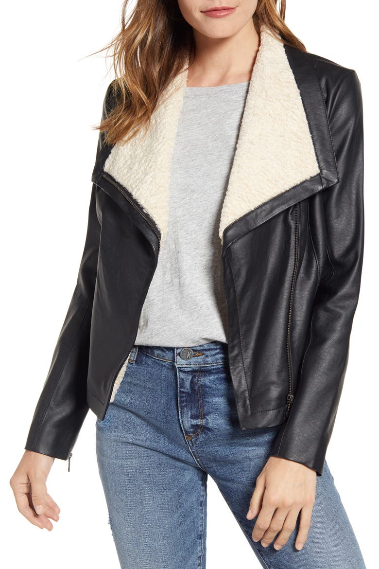 Faux Leather & Faux Fur Moto Jacket, Main, color, BLACK IVORY COMBO