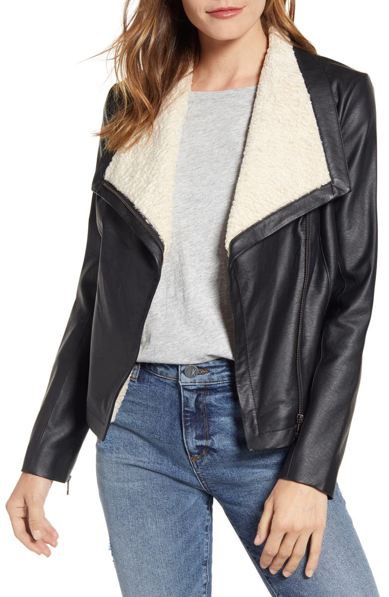 Caslon<sup>®</sup> Faux Leather & Faux Fur Moto Jacket, Main, color,