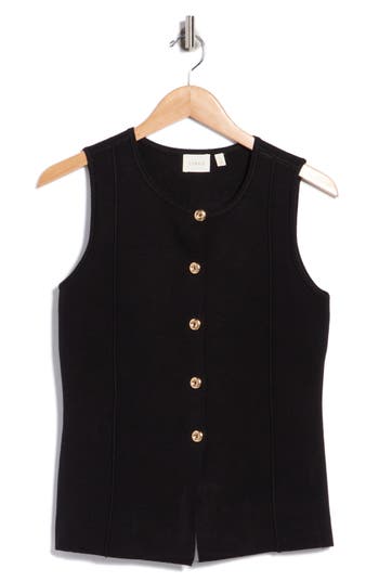 Cyrus Button Front Sleeveless Vest In Black