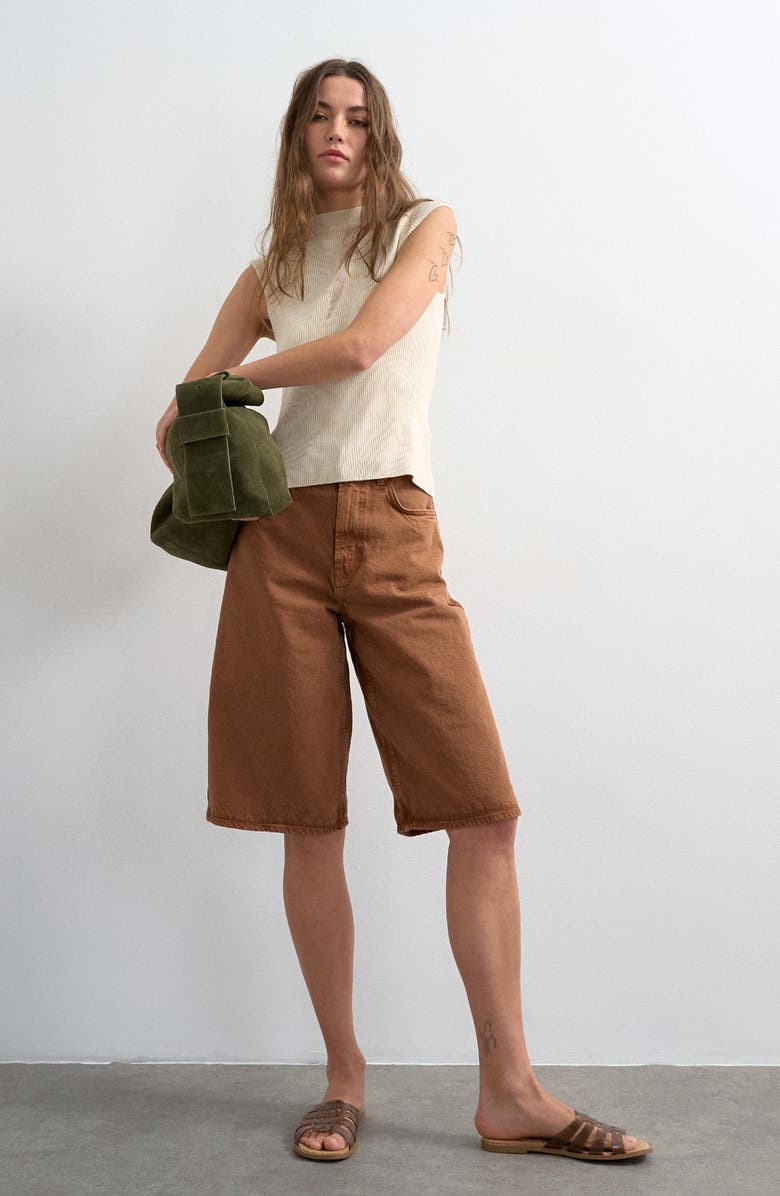 Topshop Mid Rise Denim Bermuda Shorts, Alternate, color, Brown