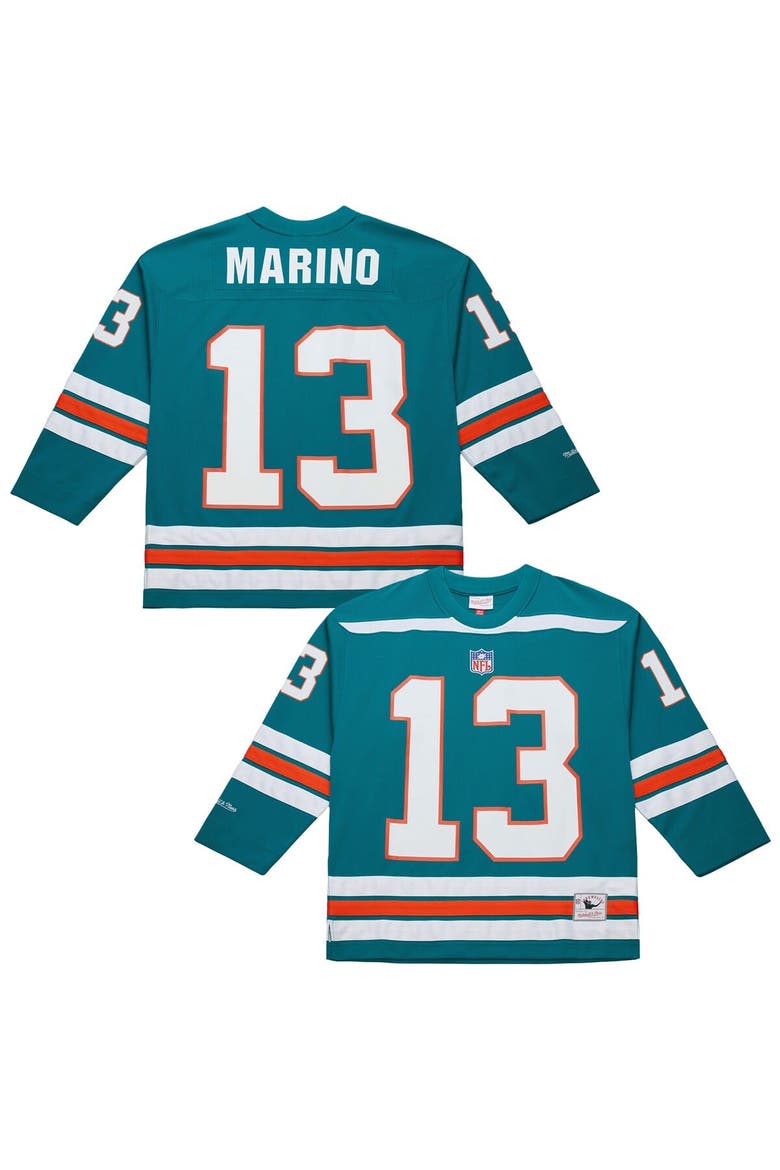 Men's Mitchell & Ness Dan Marino Aqua Miami Dolphins Maxxed Out Fashion Hockey Jersey, Main, color, Aqua