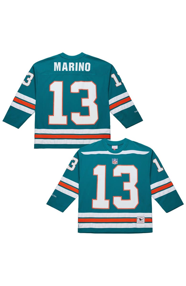 Mitchell
Ness Men
s Mitchell
Ness Dan Marino Aqua Miami Dolphins Maxxed Out Fashion Hockey Jersey, Main, color, Aqua