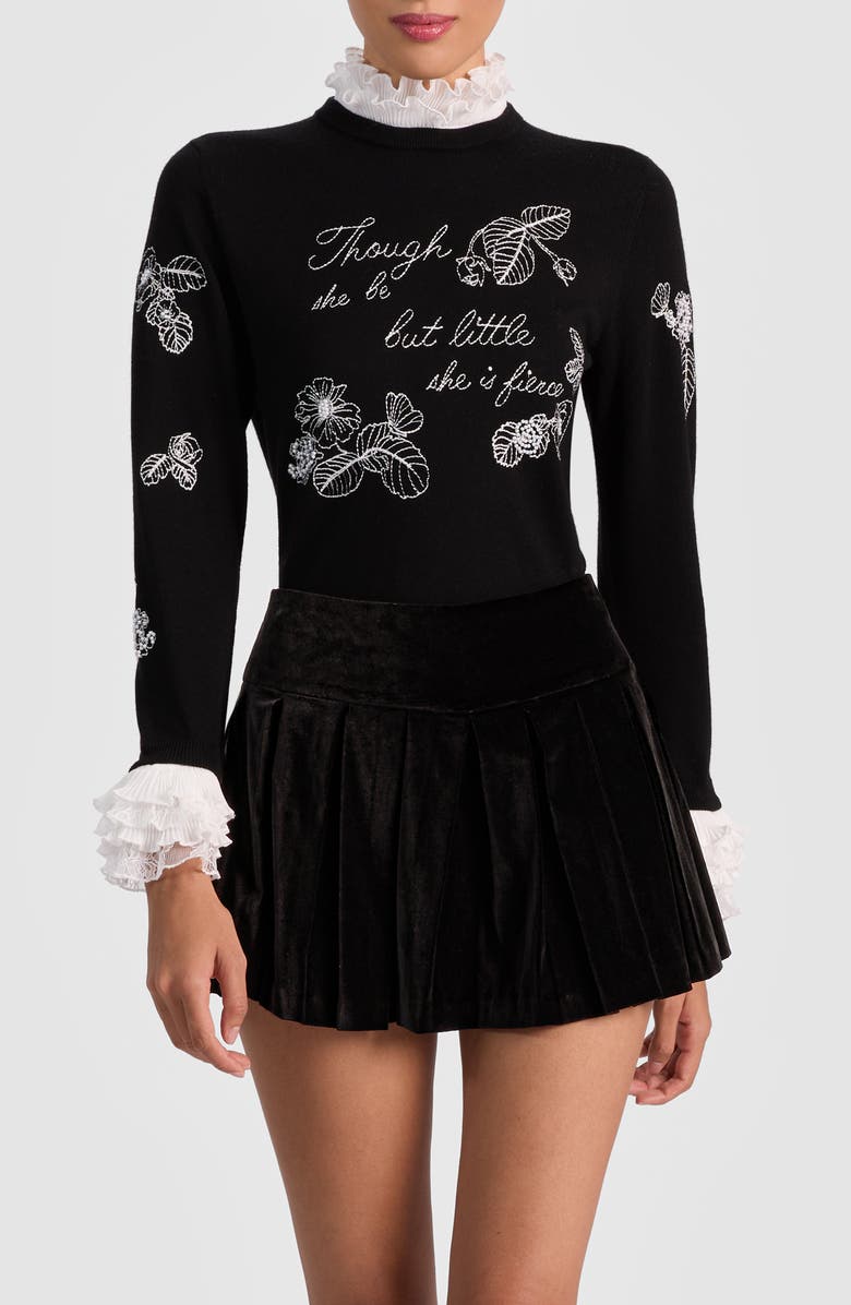 Alice + Olivia Carolann Embroidered Stretch Wool Sweater, Main, color, Black/ White