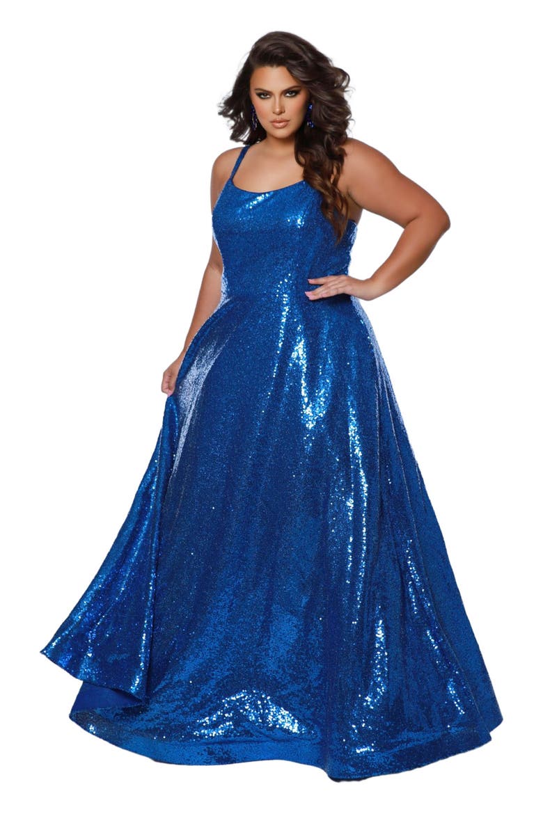 Sequin Scoop Neckline Plus Size A-Line Gown, Main, color, Cobalt