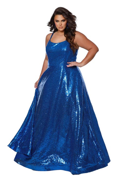 Sequin Scoop Neckline Plus Size A-Line Gown