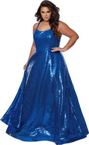 Sydney's Closet Sequin Scoop Neckline Plus Size A-Line Gown