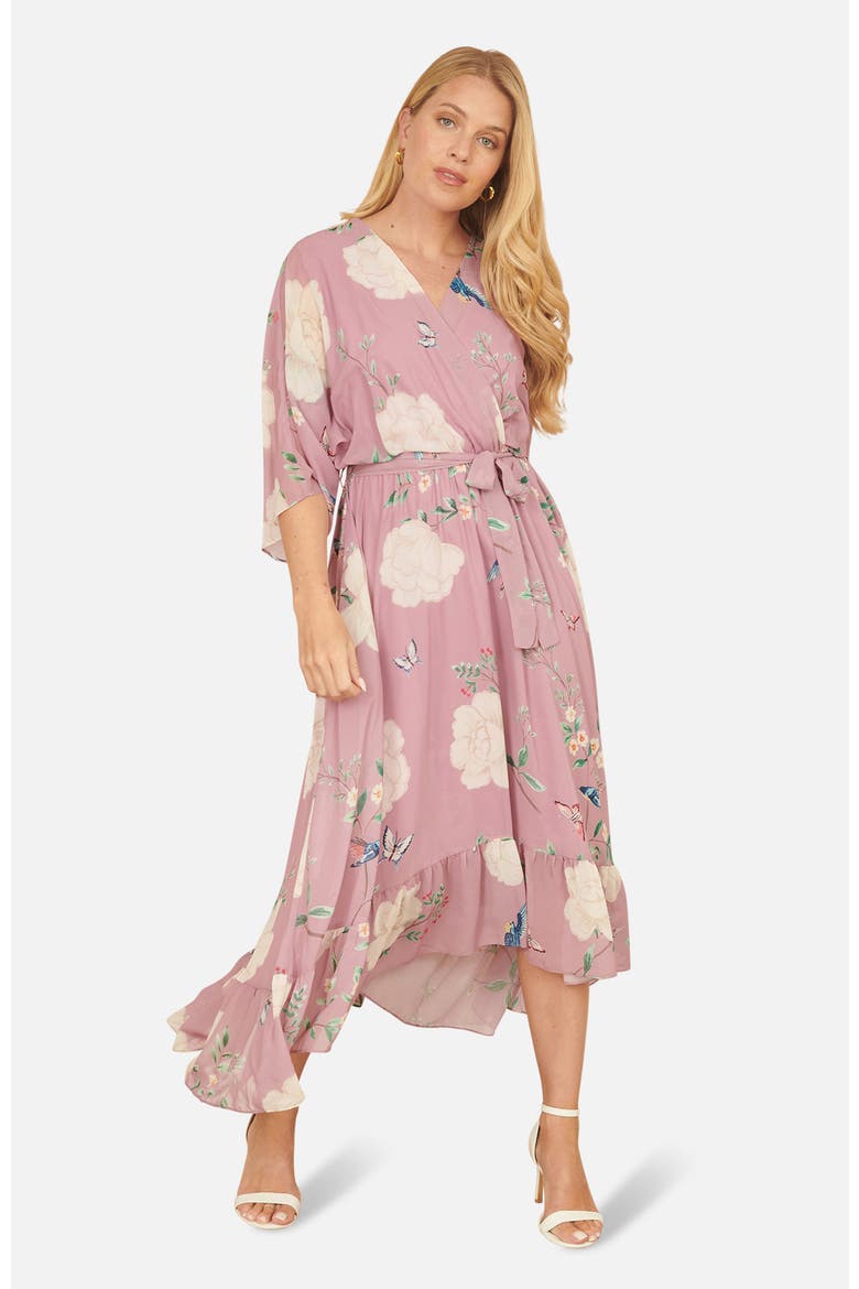 Bird And Floral Print Midi Wrap Dress, Alternate, color, Pink