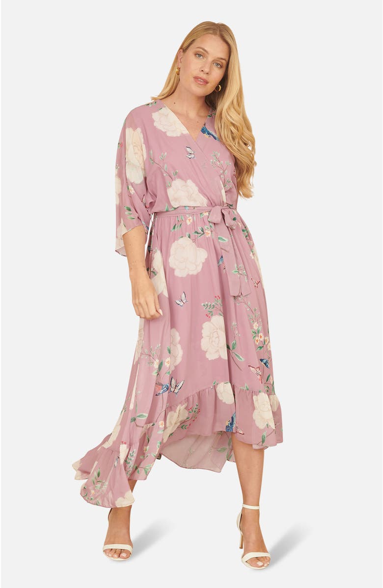 Yumi Bird And Floral Print Midi Wrap Dress, Alternate, color, Pink