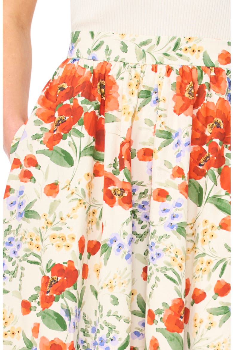 Mari Floral Print Gathered Midi Skirt, Alternate, color, FIRE ORANGE