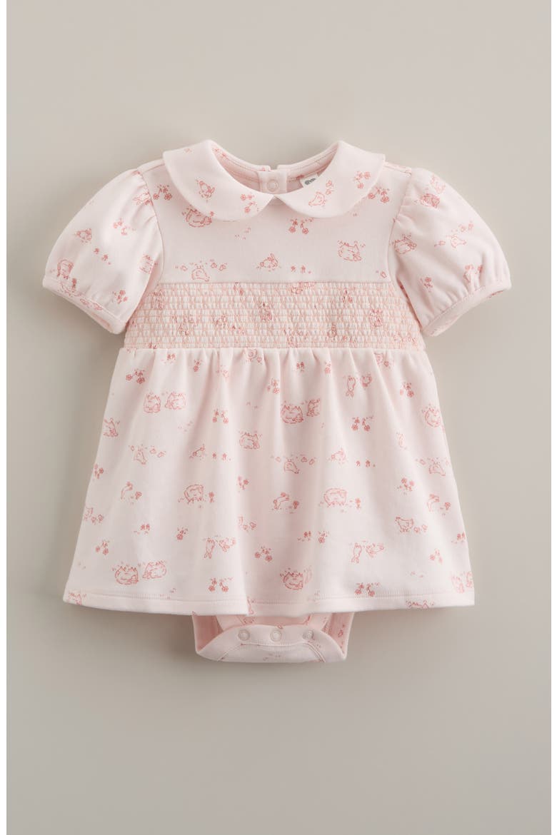 Smocked Waist Skirted Cotton Bodysuit, Main, color, PINK HEAVEN PASTURE TOILE