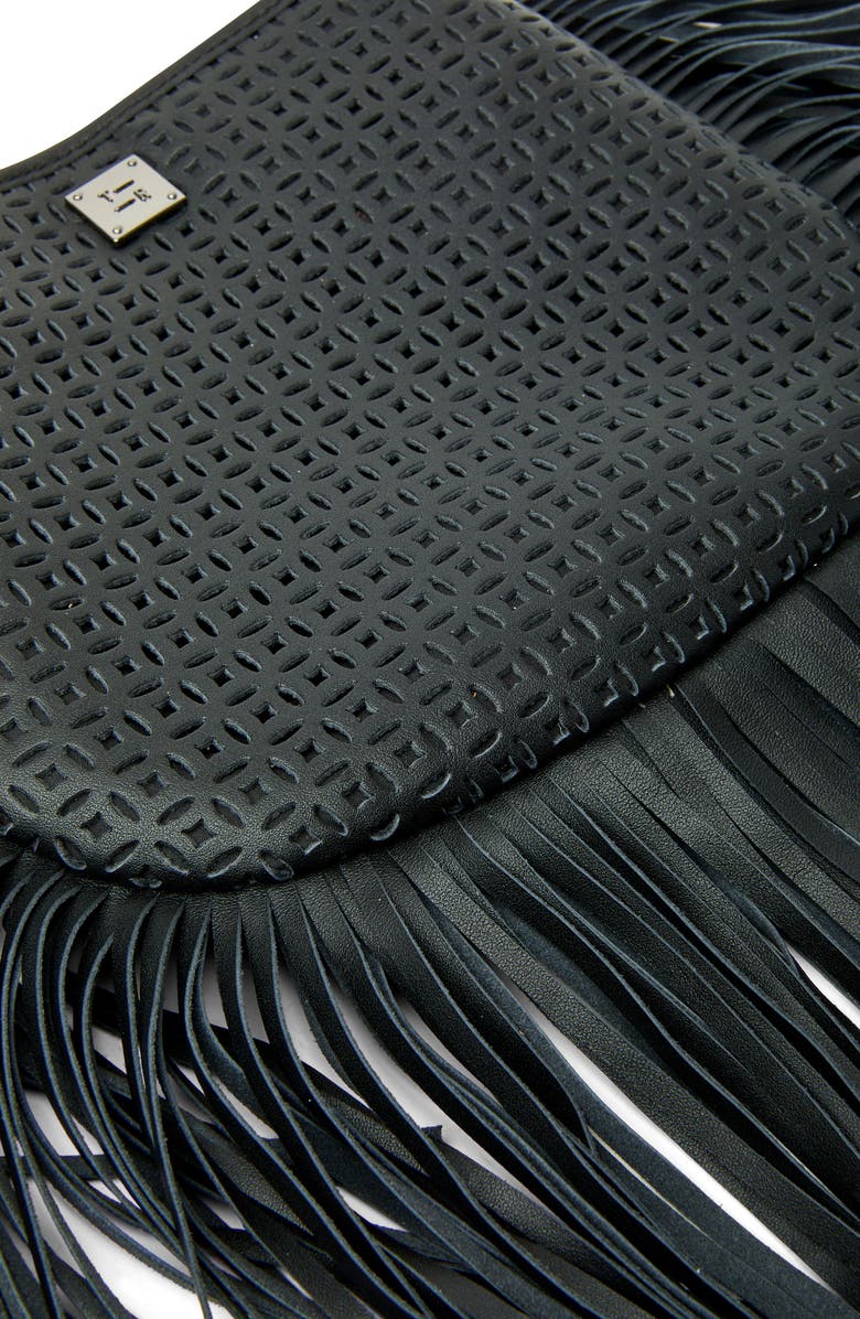 THINK ROYLN Free Spirit Fringe Saddle Bag, Alternate, color, Black Perforated Leather