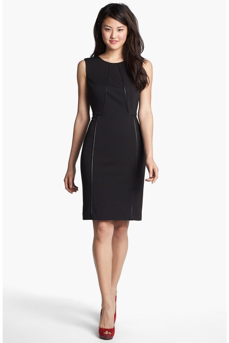 Faux Leather Trim Sheath Dress, Main, color, BLACK