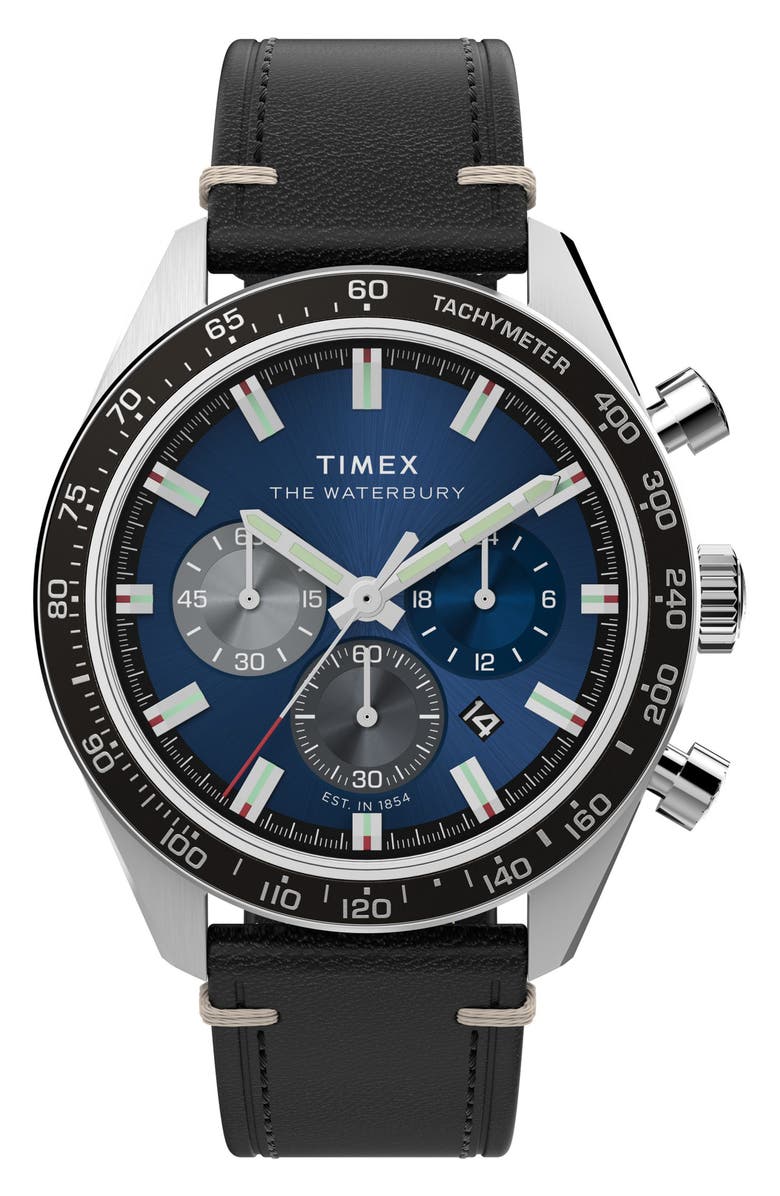 Timex<sup>®</sup> Waterbury Traditional Chronograph Leather Strap Watch, 41mm, Main, color, Black