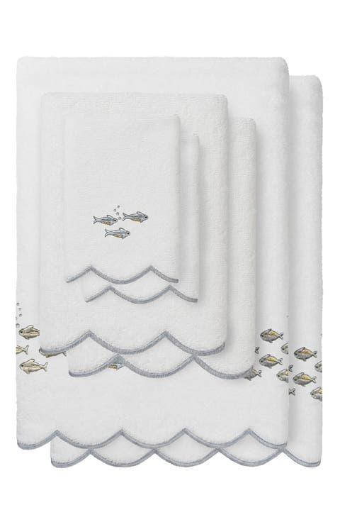 6-Piece Fish School Embroidered Turkish Cotton Towel Set