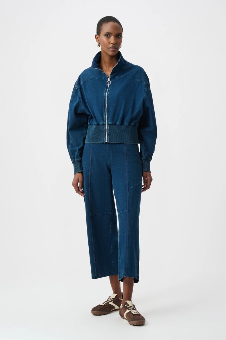 Knit Denim Funnel-Neck Bomber Jacket, Alternate, color, Dark Denim Blue