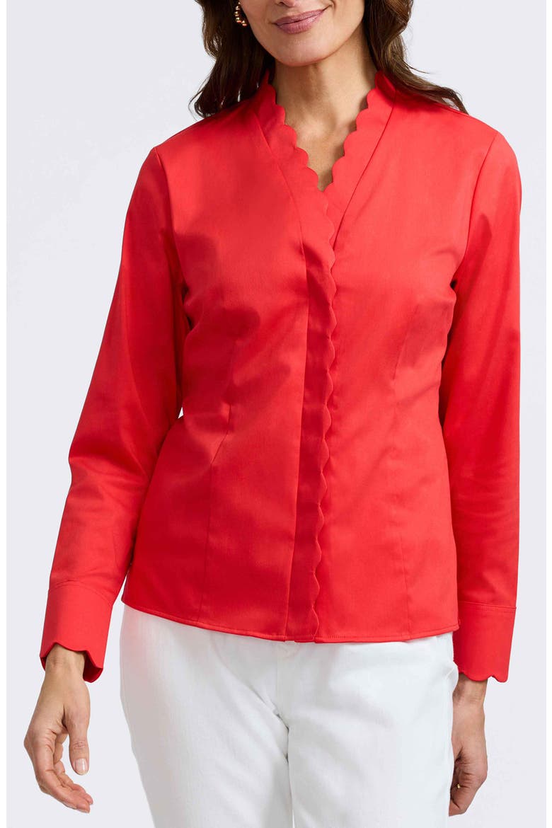 Bridget Scalloped Matte Sateen Button-Up Shirt, Main, color, SCARLET RED