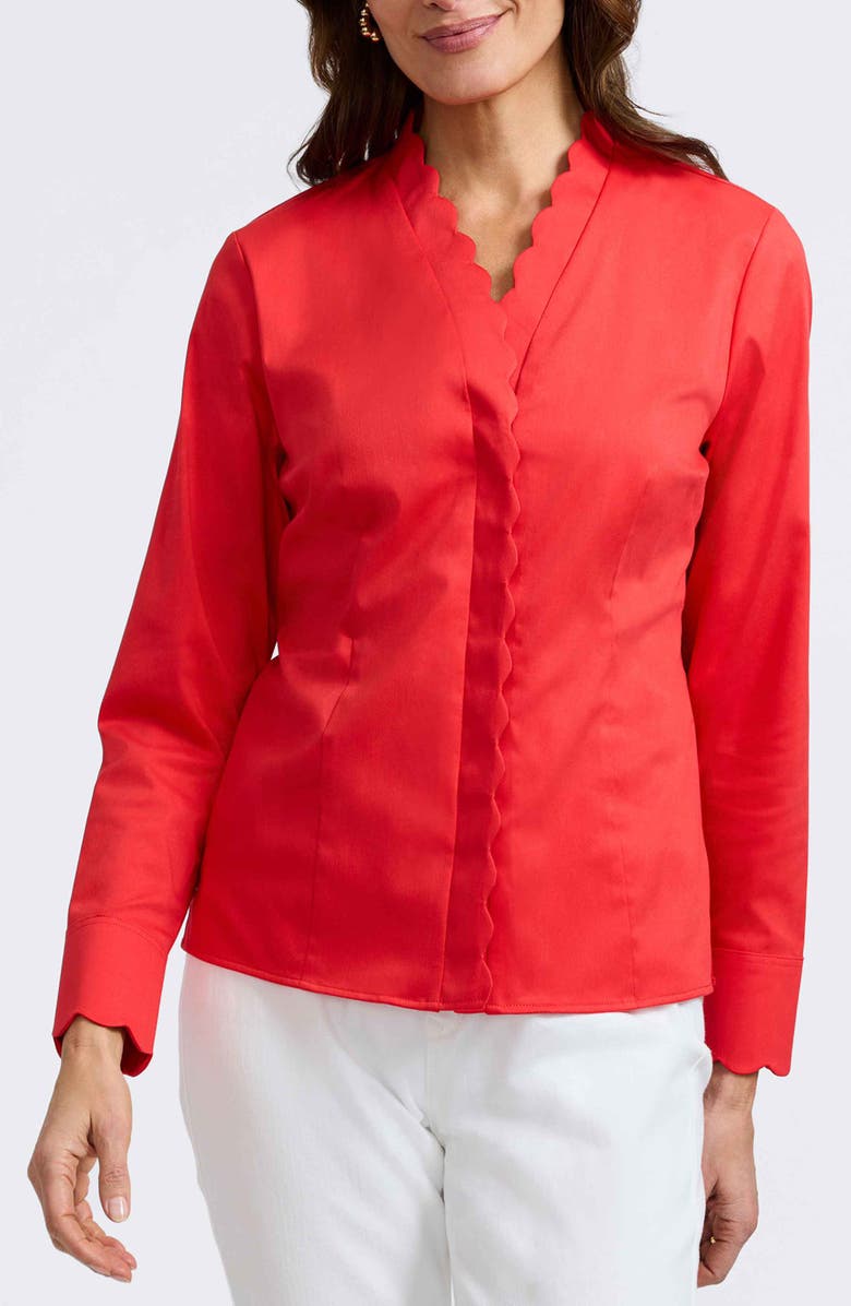 Foxcroft Bridget Scalloped Matte Sateen Button-Up Shirt, Main, color, Scarlet Red