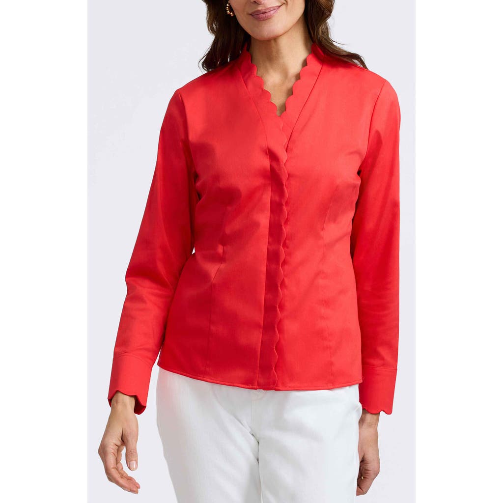 Foxcroft Bridget Scalloped Matte Sateen Button-up Shirt In Scarlet Red