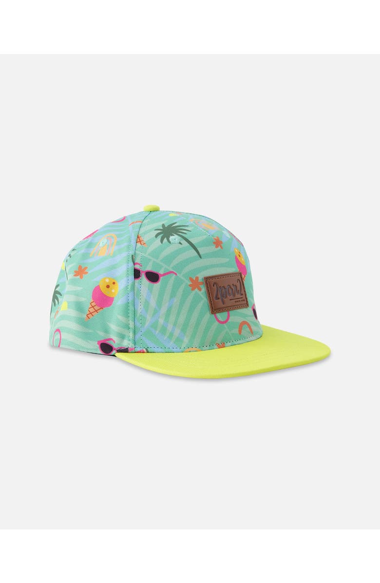 Deux par Deux Girl Flat Brim Beach Print Cap, Main, color, Green Beach Print