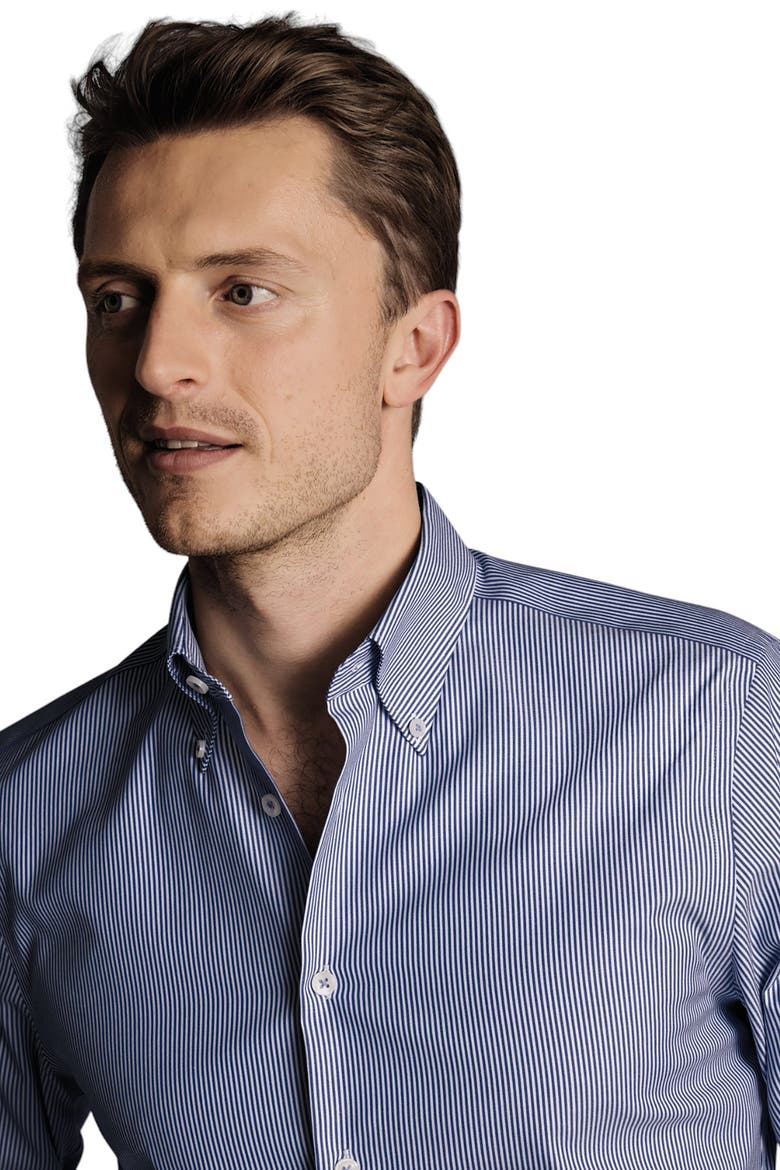 Stripe Non-Iron Button-Down Oxford Slim Fit Shirt Single Cuff, Alternate, color, Cobalt Blue