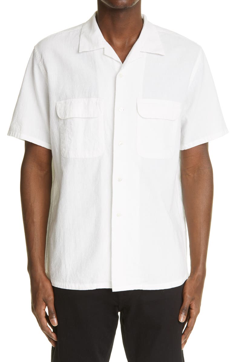 BEAMS Plus Cotton & Linen Short Sleeve Button-Up Shirt, Main, color,