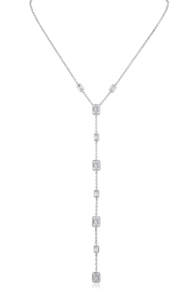 CZ by Kenneth Jay Lane Emerald Cut Cubic Zirconia Station Y-Necklace, Main, color, Rhodium Plated